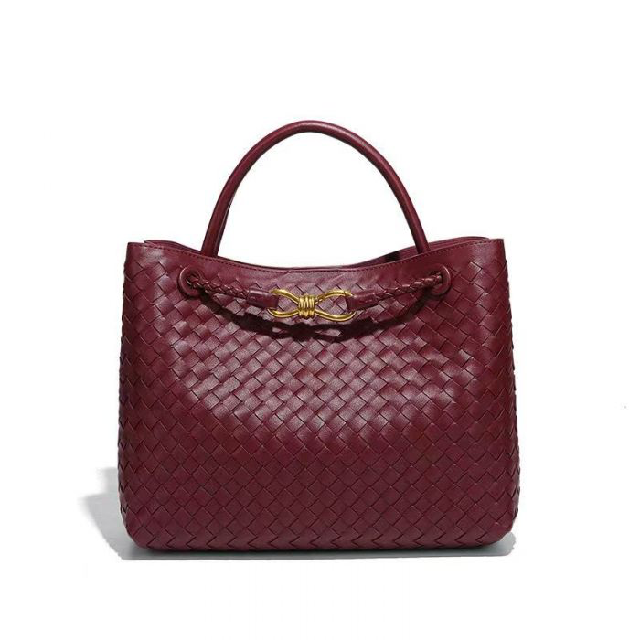 Burgundy Woven Tote Handbag With Gold Clasp
