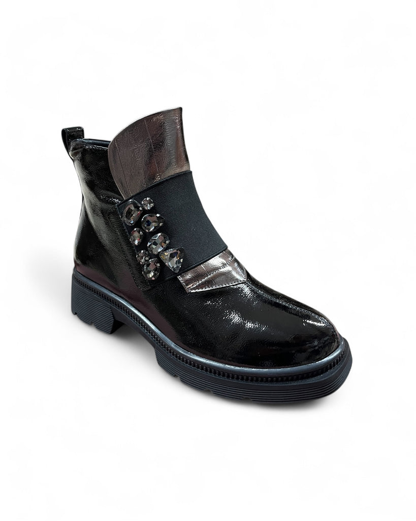 Loretta Vitale C3874B Black Leather Patent Boots with Gun Metal & Crystal