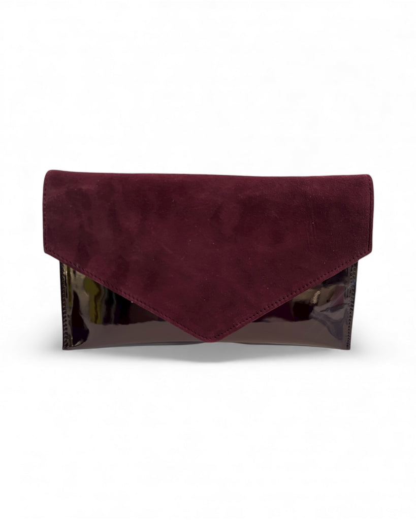 Emis Burgundy Leather Patent & Velvet Clutch Bag
