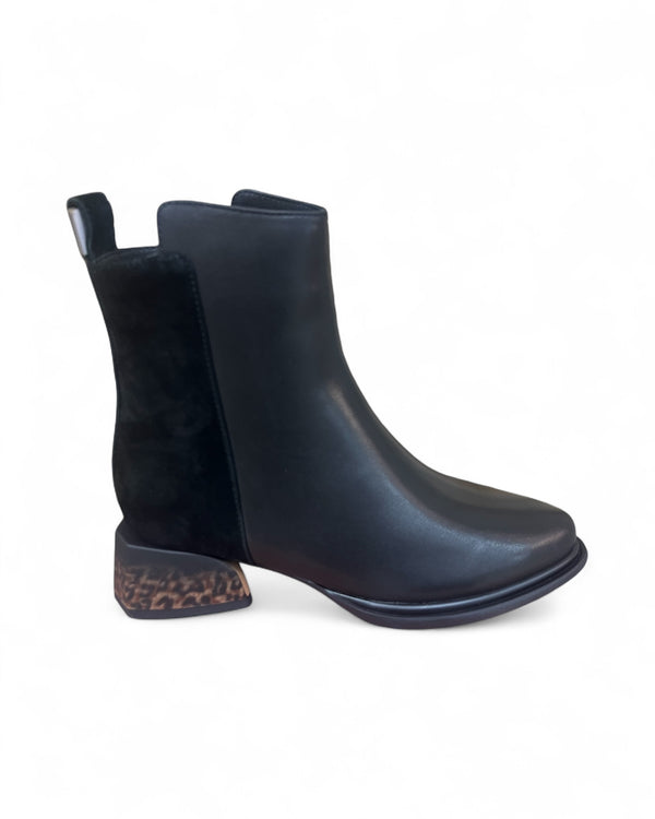 Loretta Vitale C4605 Black Leather & Suede Ankle Boot with Leopard Heel
