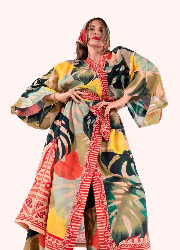 Powder Exotic Leaves Modal Cupro Long Kimono Gown