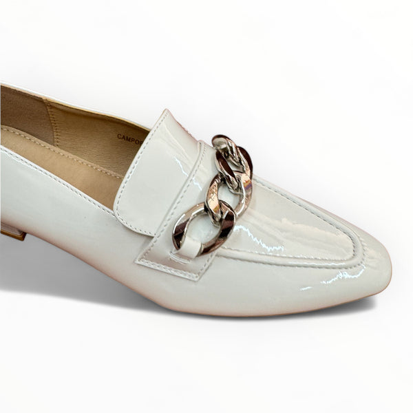 Campora White Patent Silver Chain Loafers