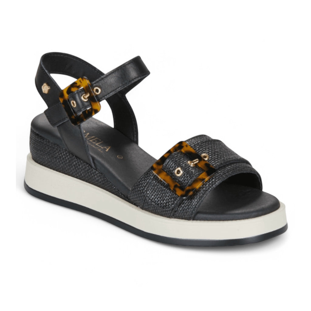 Carmela Black Leather Wedge Sandals with Tortoise Shell