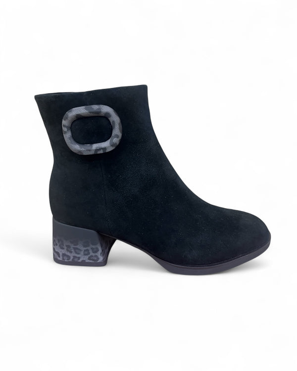 Loretta Vitale C3852 Black Suede Boots with Leopard Buckle & Heel