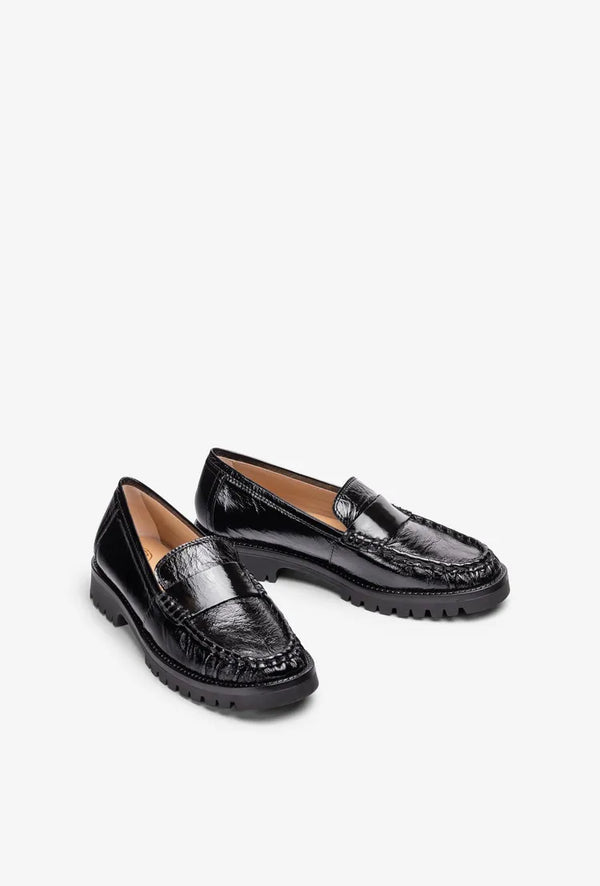 Unisa Black Crinkle Patent Leather Loafer