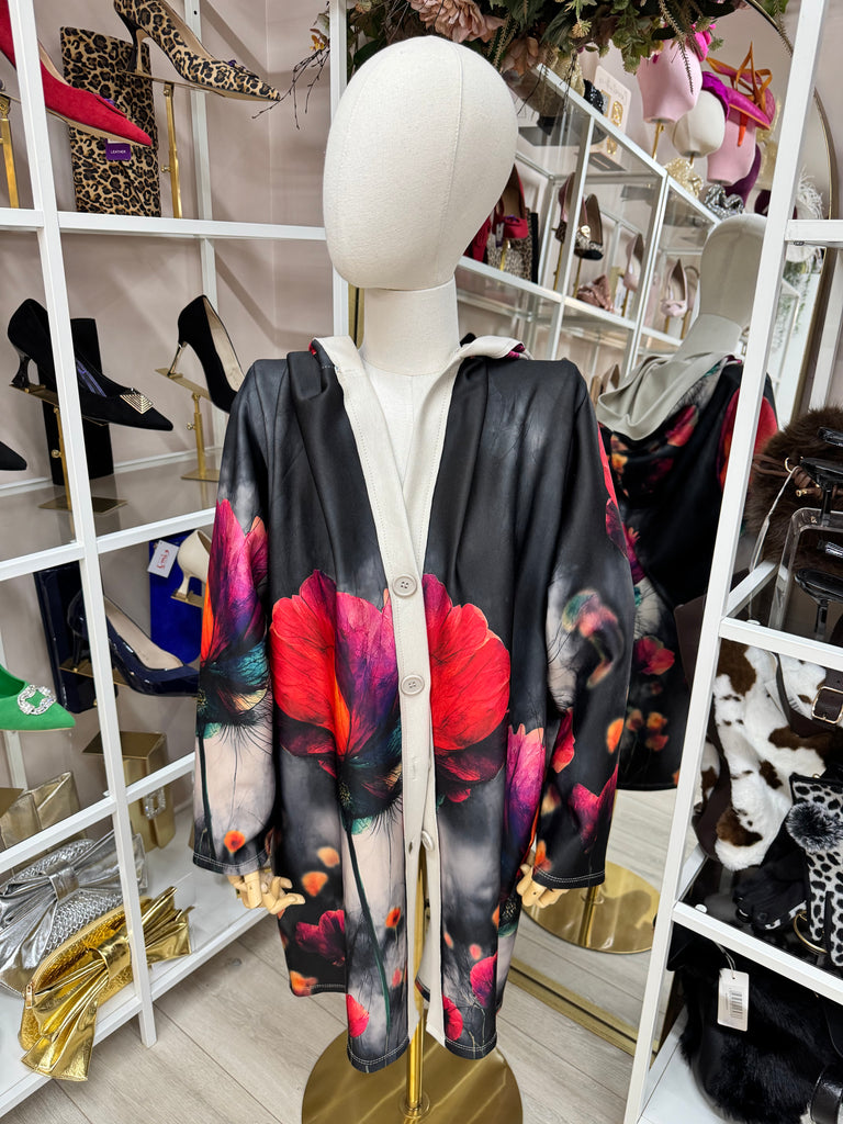 Black & Pink Print Hooded Coatigan