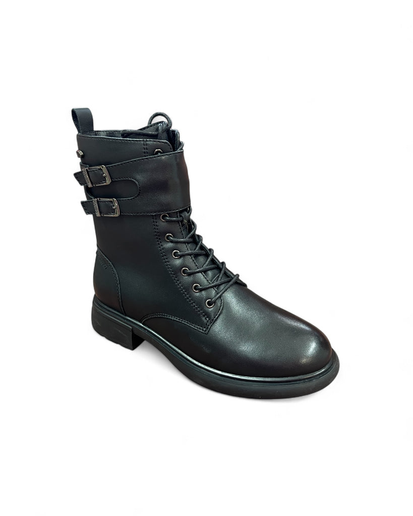 Donna Serena Black Leather Ankle Boots with Double Buckle