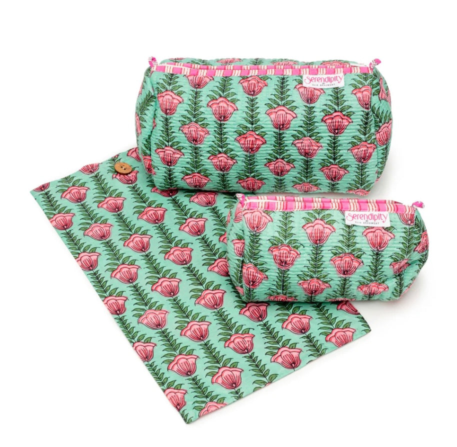 Light Green Lotus Cotton Cosmetic Bag Set