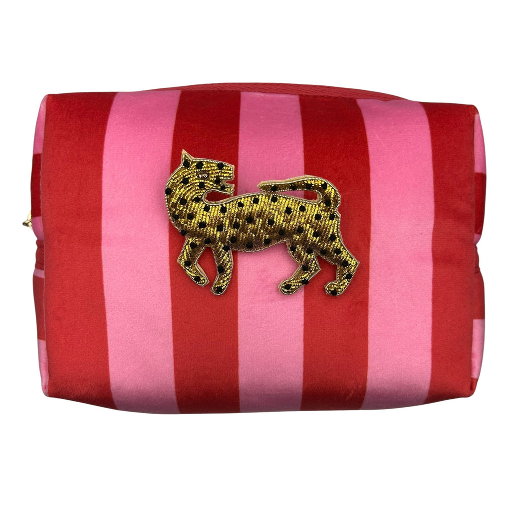Pink Striped Makeup Bag With Gold Leopard Pin