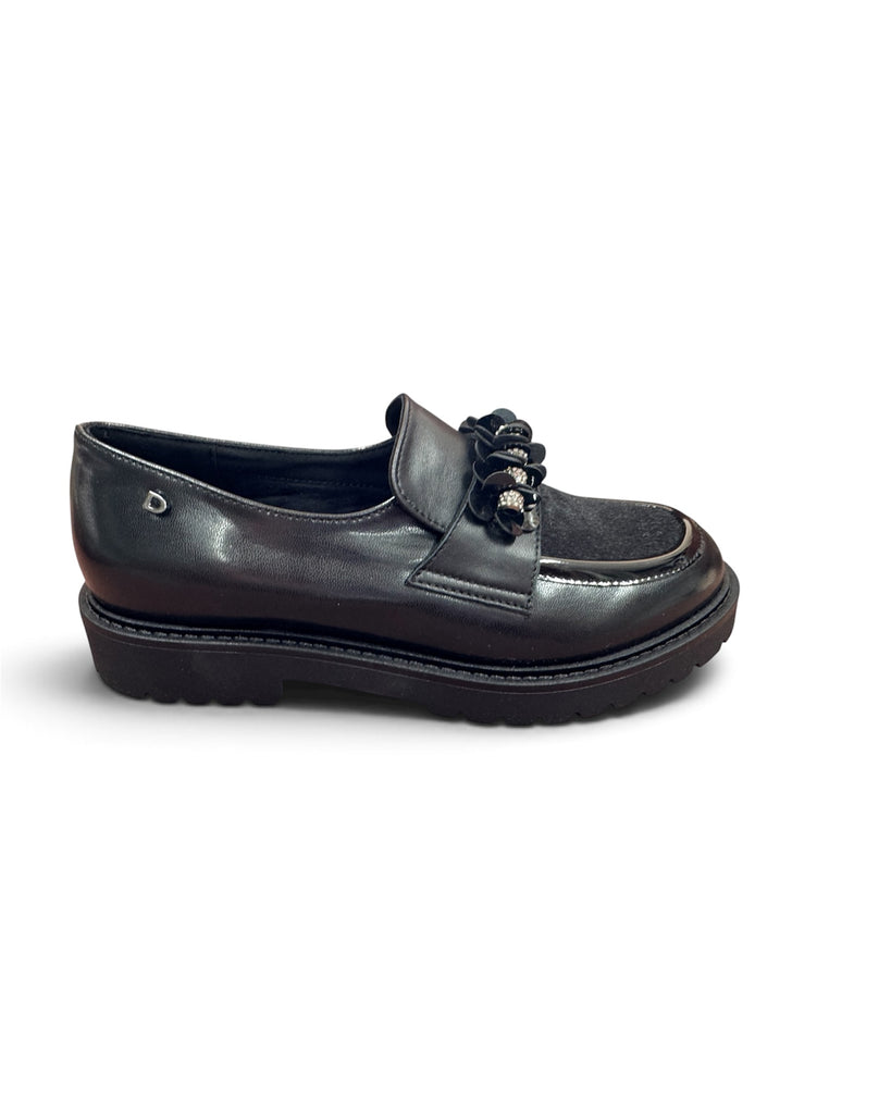 Donna Serena 746298DM Black Leather Loafer with Pony Hair
