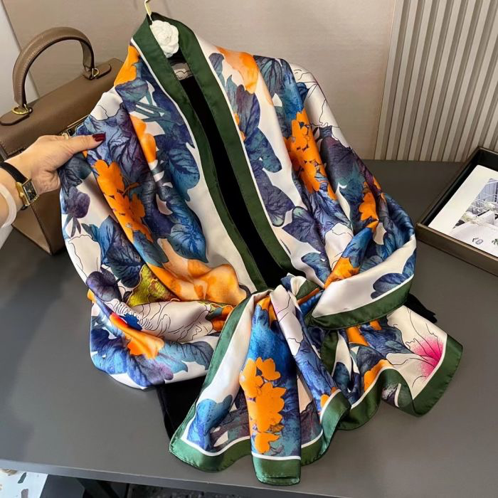 Painterly Floral Blue & Orange Silk Scarf