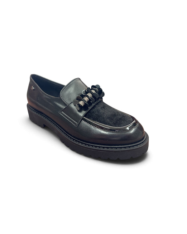 Donna Serena 746298DM Black Leather Loafer with Pony Hair