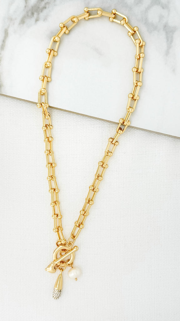 Gold Link Chain Pearl Charm Pendant Necklace