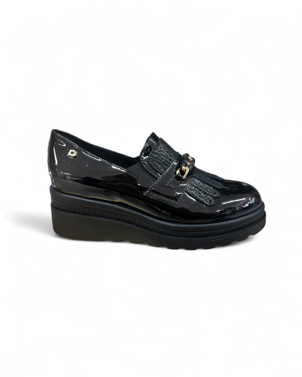 Donna Serena Vernice Black Patent Wedge Loafers
