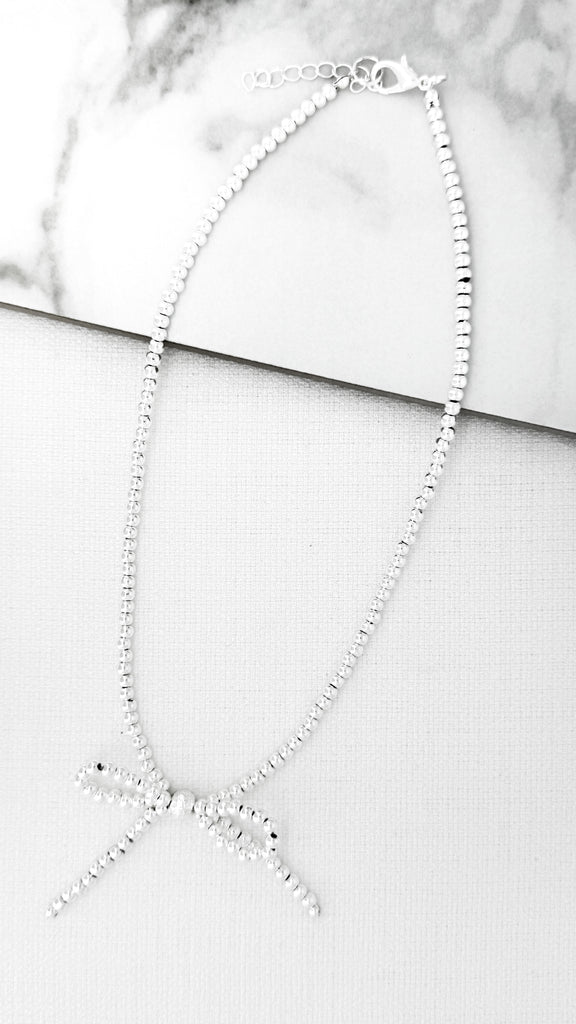 Silver Beaded Bow Necklace
