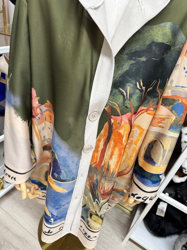 Beige & Green Print Hooded Coatigan