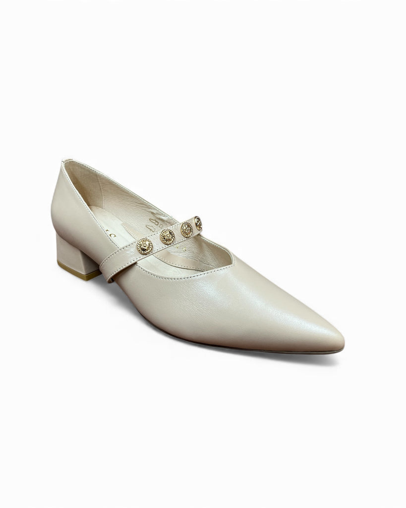 Emis Beige Leather Pointed Pumps with Embellished Strap