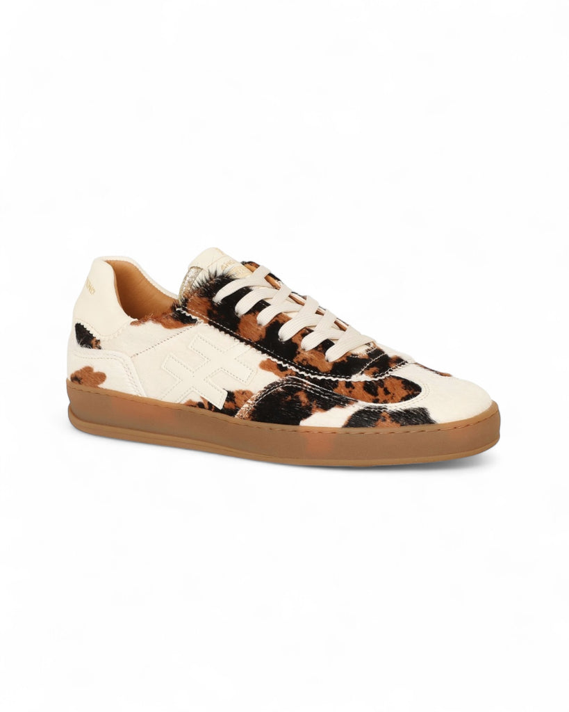 Another Trend Cream & Brown Cow Print Gum Sole Trainers with Metallic Pink