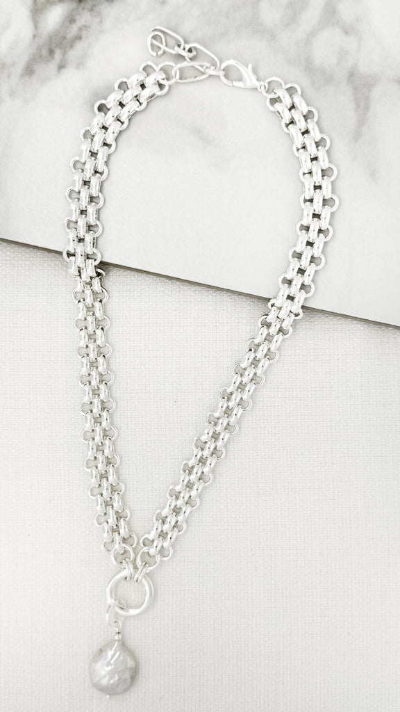Silver Chunky Chain With Pearl Drop Necklace