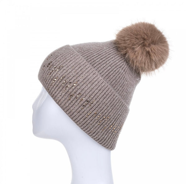 Cappuccino Embellished Pom Pom Hat