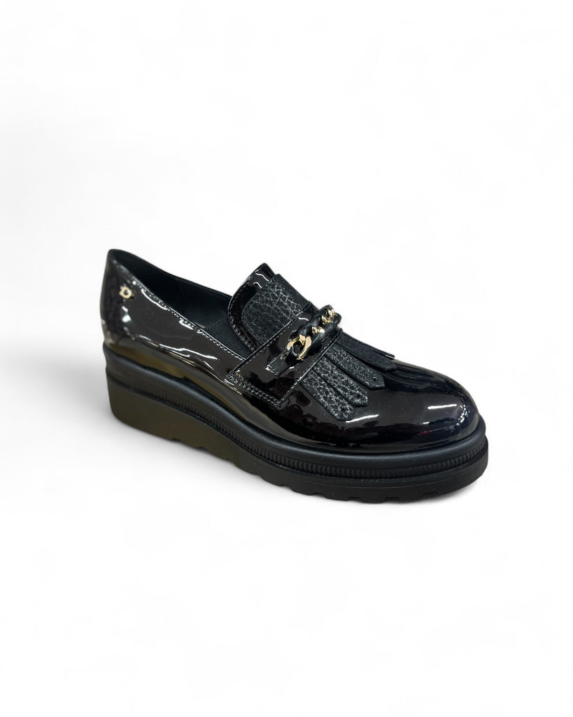 Donna Serena Vernice Black Patent Wedge Loafers
