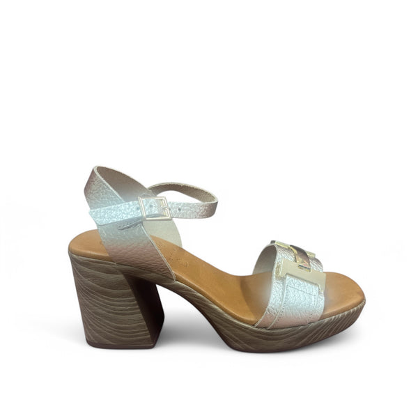 Oh My Sandal Champagne Leather Sandals with Chunky Tiger Heel