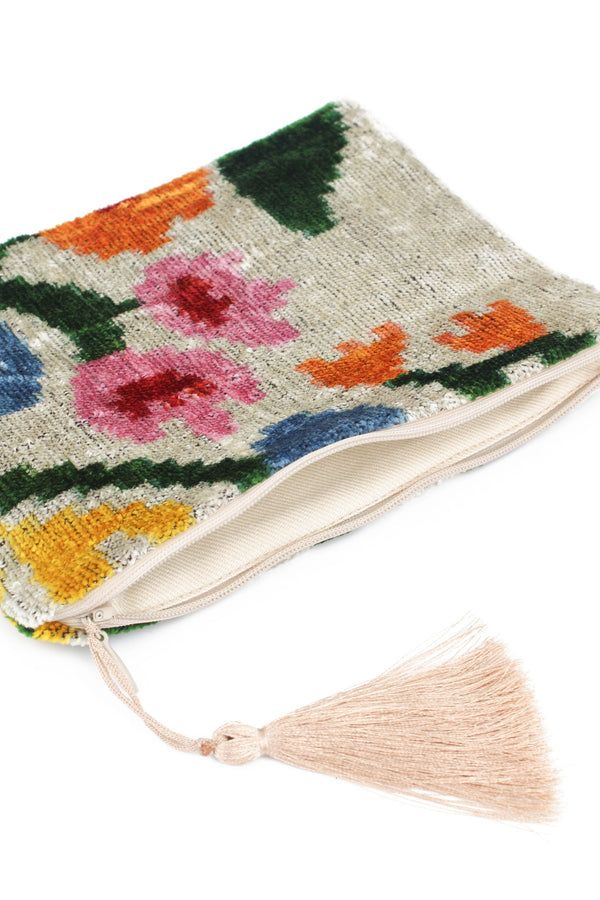 Cream Floral Medium Silk Velvet Pouch