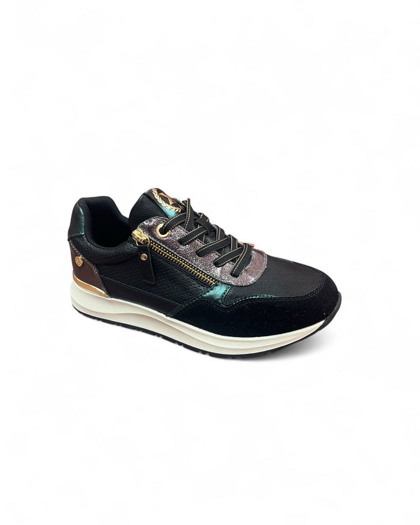 XTI Black Trainers with Metallic Dark Green & Pewter