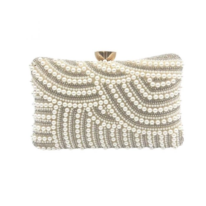 Ivory Pearl & Gold Diamante Clutch Bag