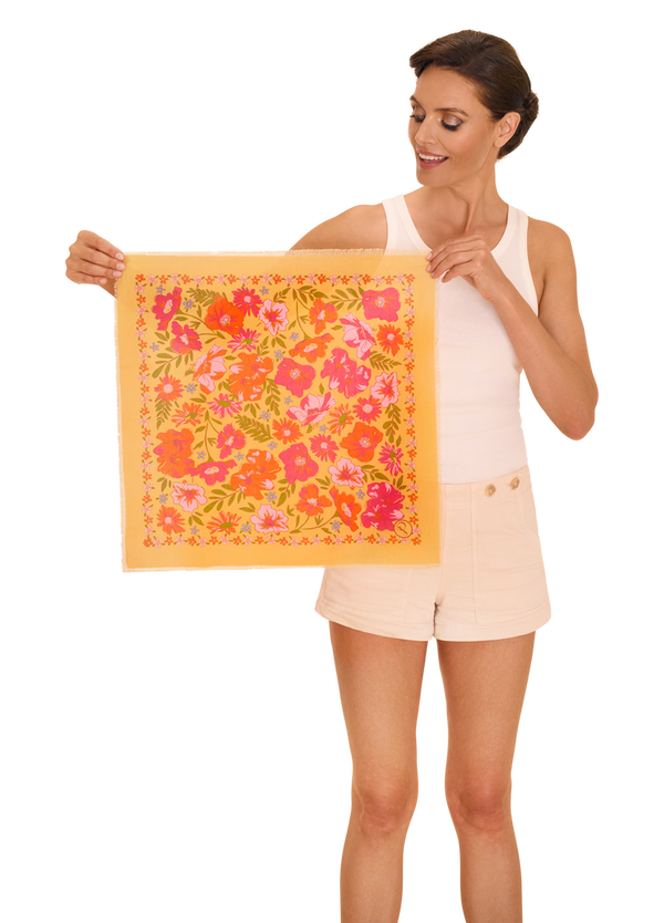 Powder Mustard Sketched Florals Cotton Bandana Scarf