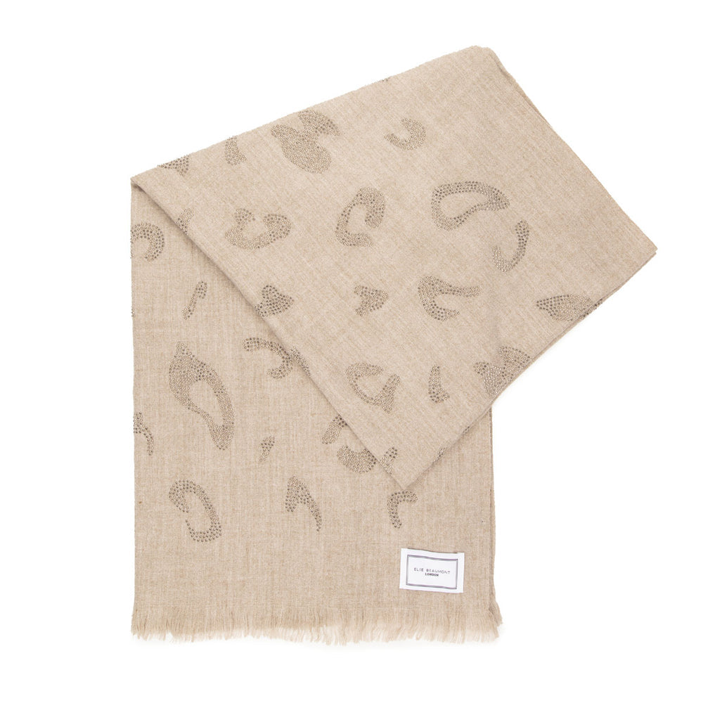 Sand Leopard Print Diamante Luxe Scarf