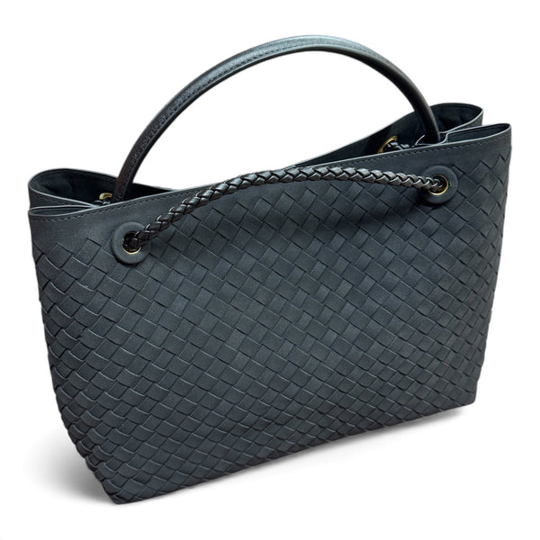 Black Suede Woven Tote Handbag With Gold Clasp