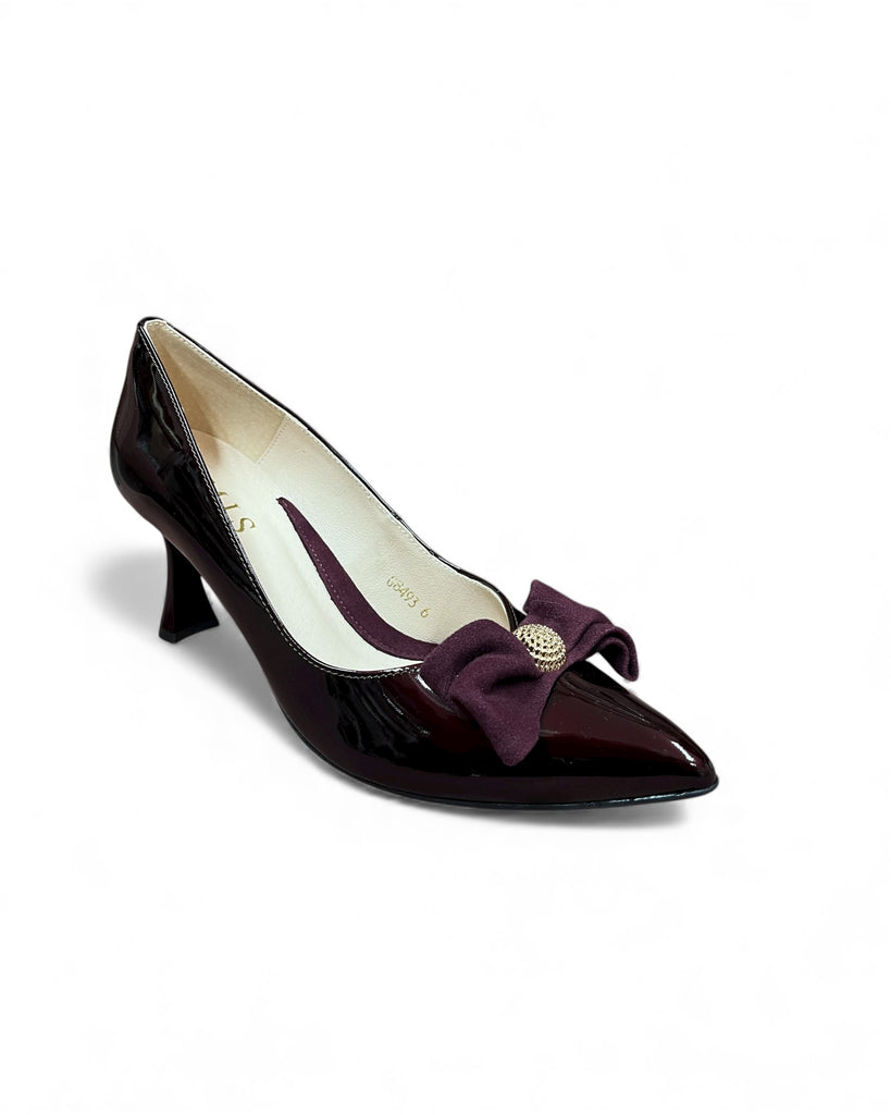 Emis Burgundy Patent Pointed Court Shoe with Black Velvet Bow