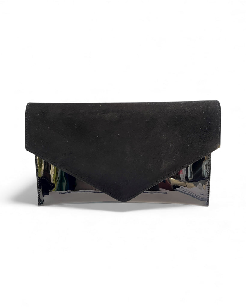 Emis Black Leather Patent & Velvet Clutch Bag