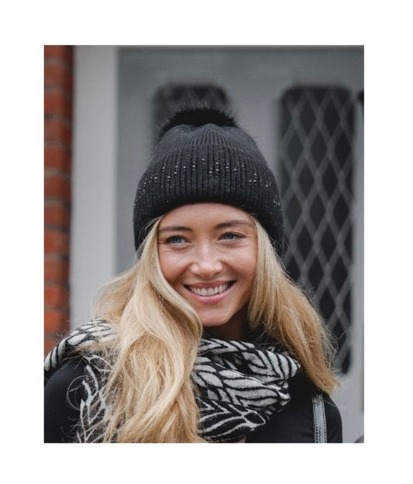 Raven Black Embellished Pom Pom Hat