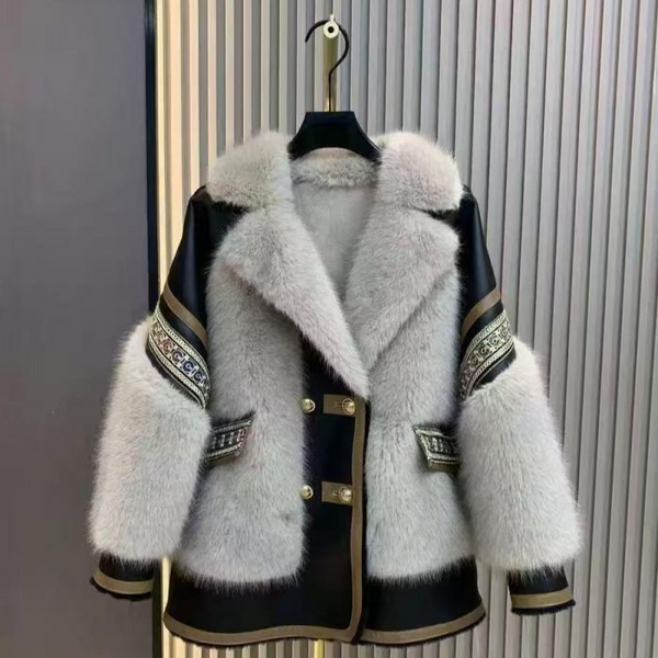 Beige Faux Fur Leather Trim Embroidered Jacket