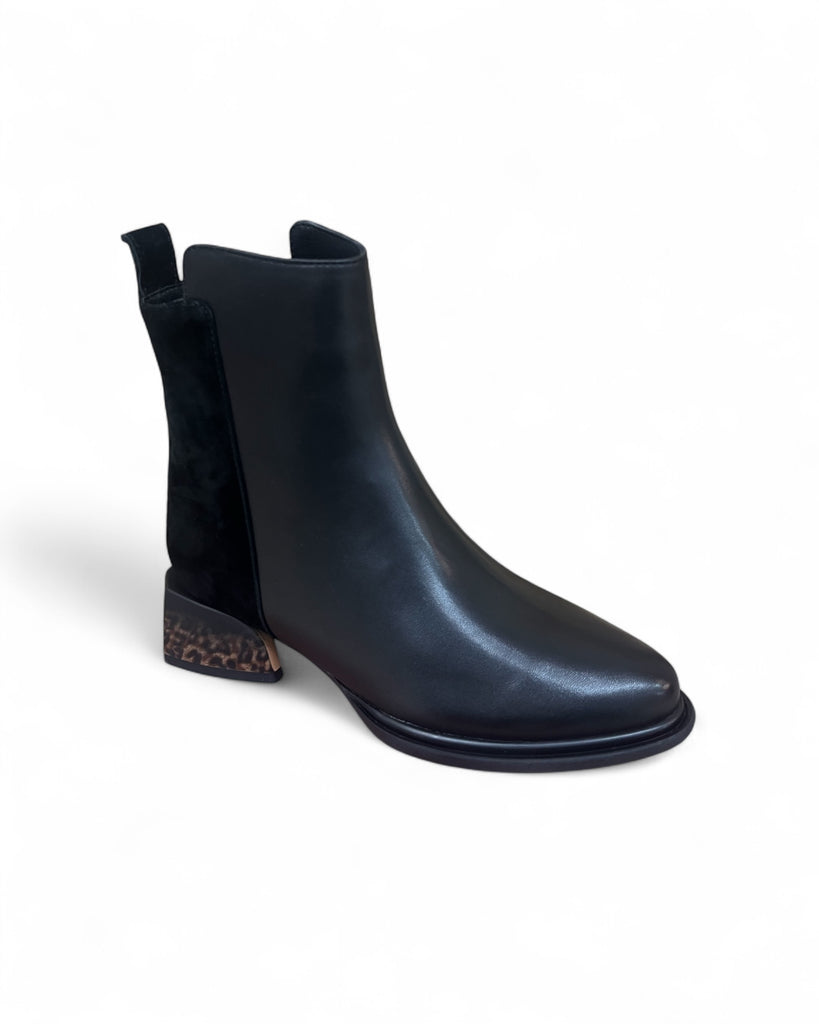 Loretta Vitale C4605 Black Leather & Suede Ankle Boot with Leopard Heel