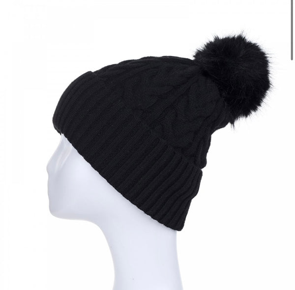Raven Black Cable Knit Pom Pom Hat