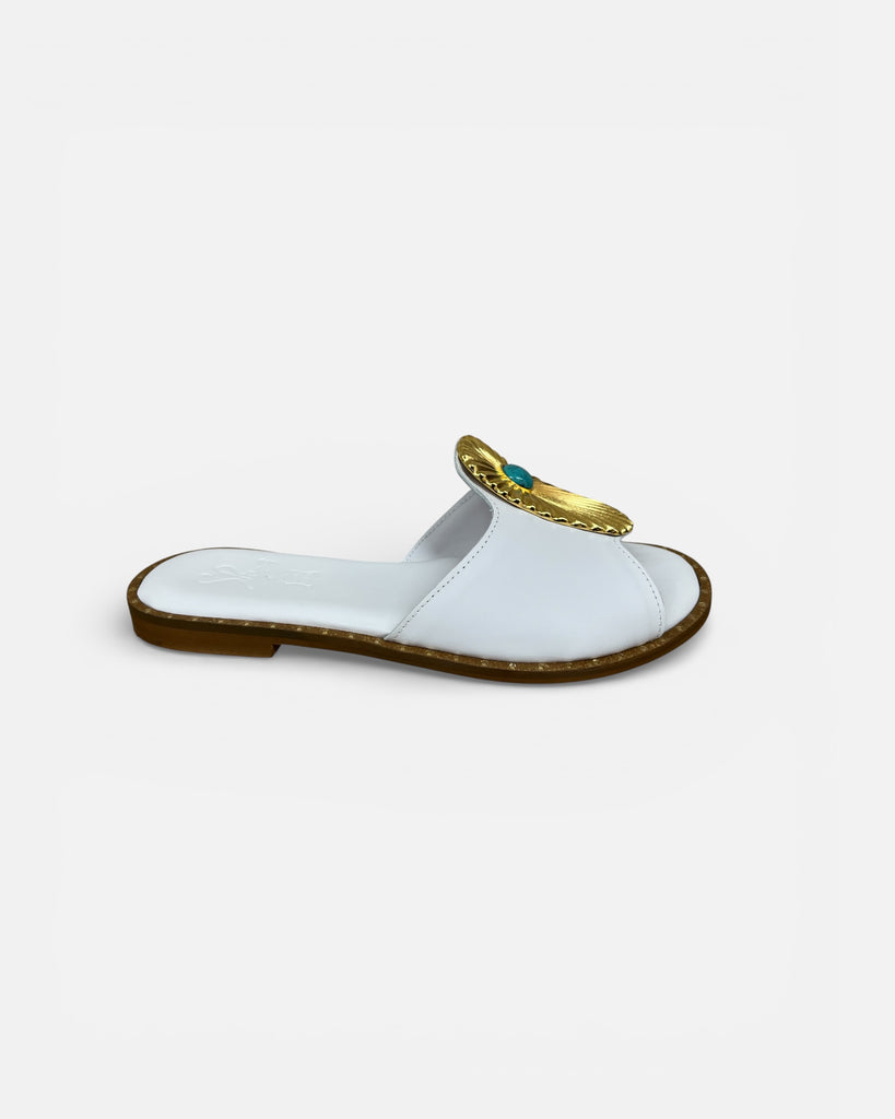 S. Piero White Leather Sandal with Gold & Turquoise Embellishment