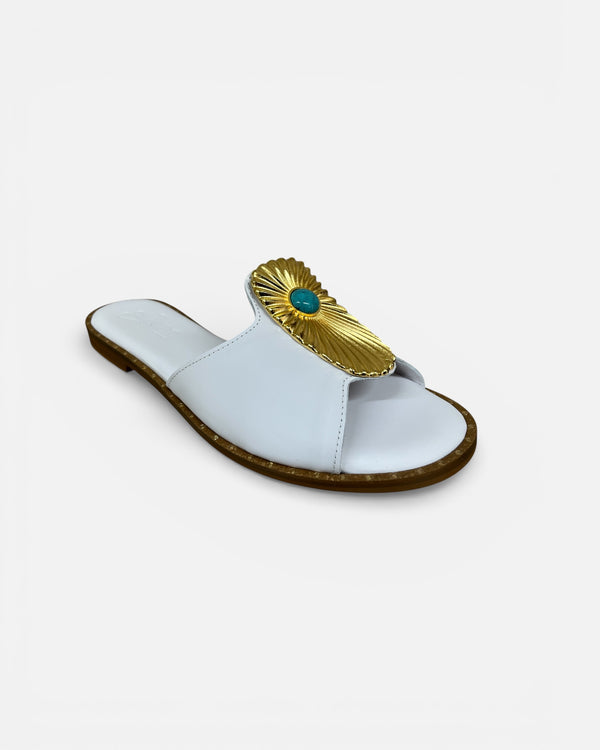 S. Piero White Leather Sandal with Gold & Turquoise Embellishment