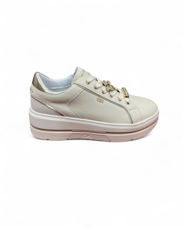 Donna Serena Light Beige Platform Trainers with Embellished Laces & Gold Detail
