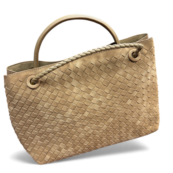 Beige Suede Woven Tote Handbag With Gold Clasp