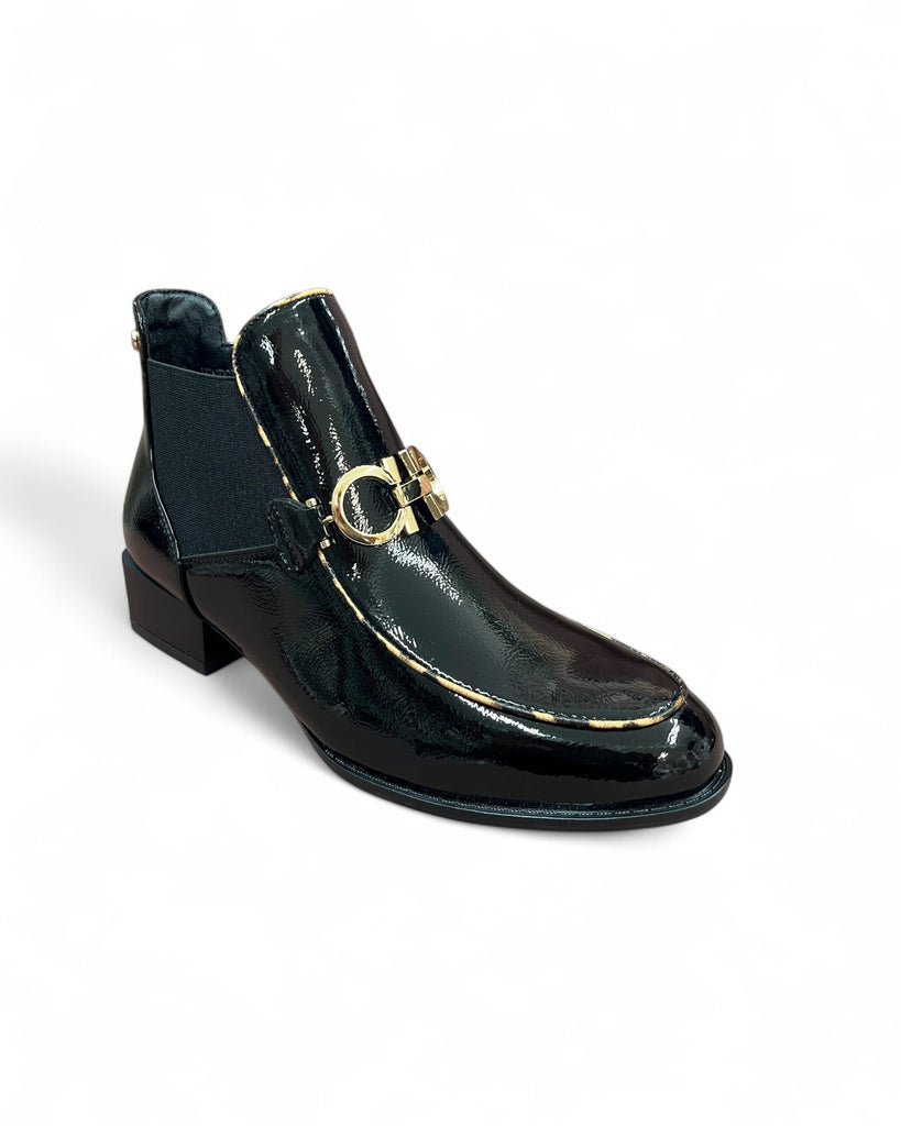 Patrizio Como Lendorf Black Patent Ankle Boots with Leopard Trim