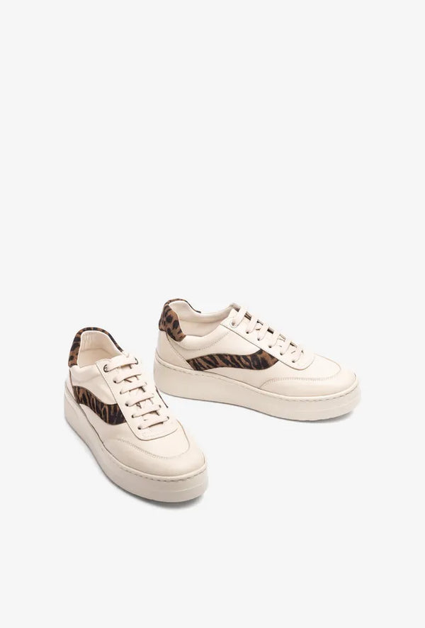 Unisa Fedy Ivory Leather Trainers with Suede Leopard Trim