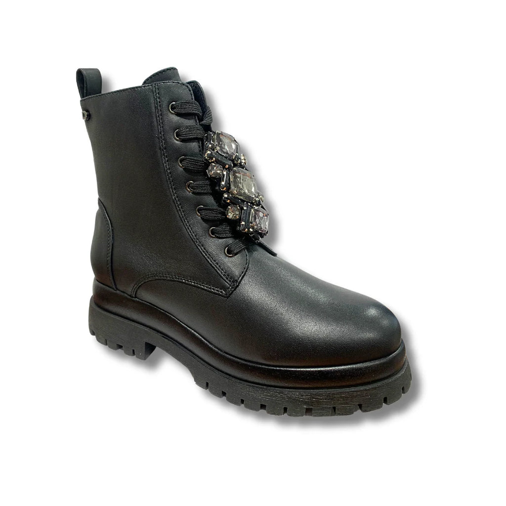 Donna Serena Black Leather Chunky Boots with Jewel Details