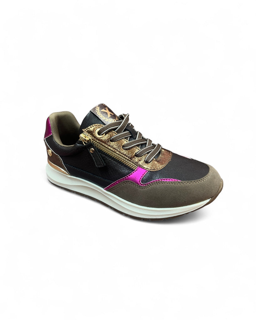 XTI Brown Trainers with Metallic Gold & Pink