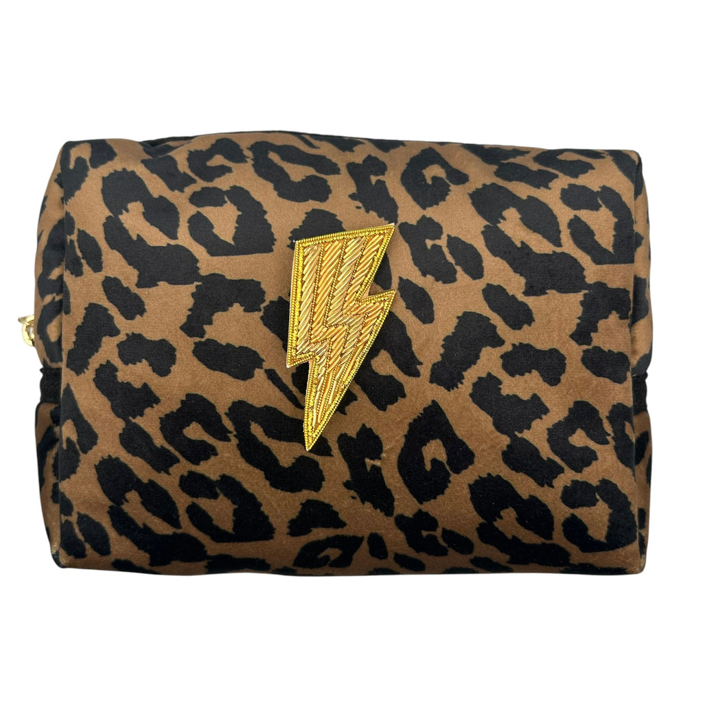 Leopard Print Makeup Bag With Gold Bolt Pin
