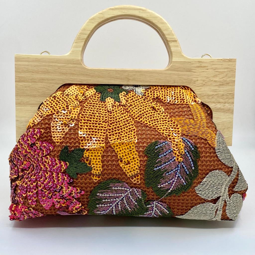 Orange Embroidered Wooden Handle Bag