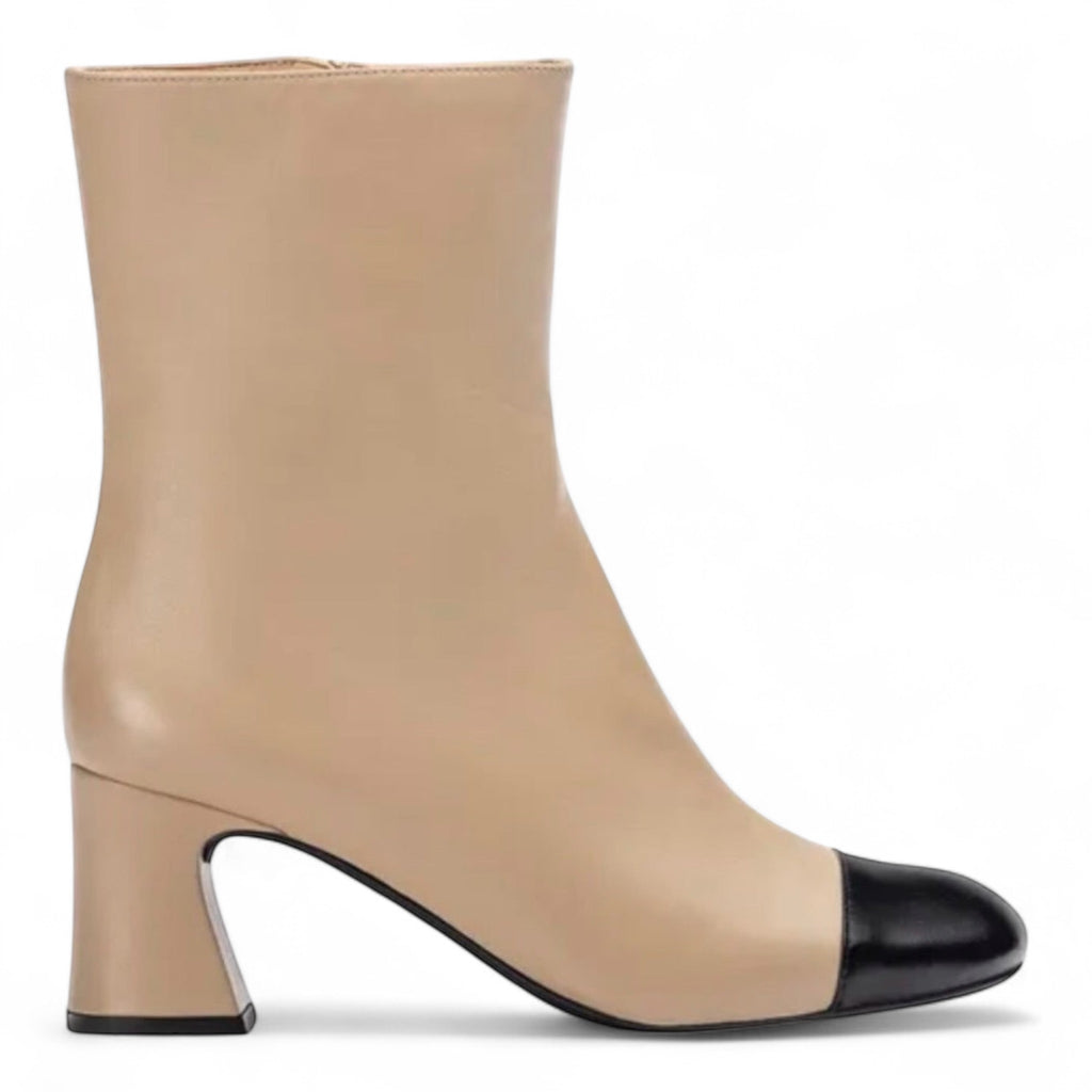 Unisa Meila Beige Leather Heeled Boots with Black Toe