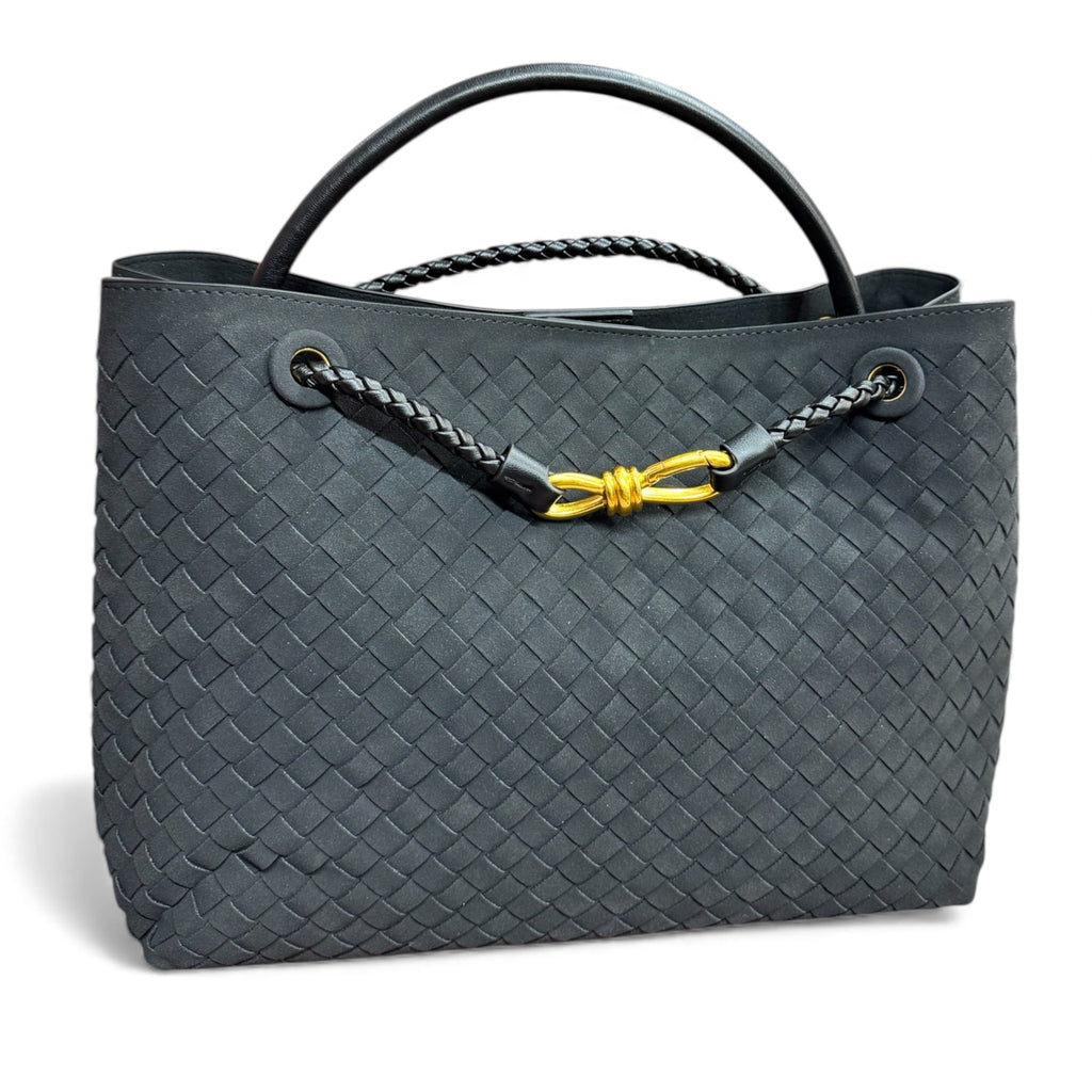 Black Suede Woven Tote Handbag With Gold Clasp